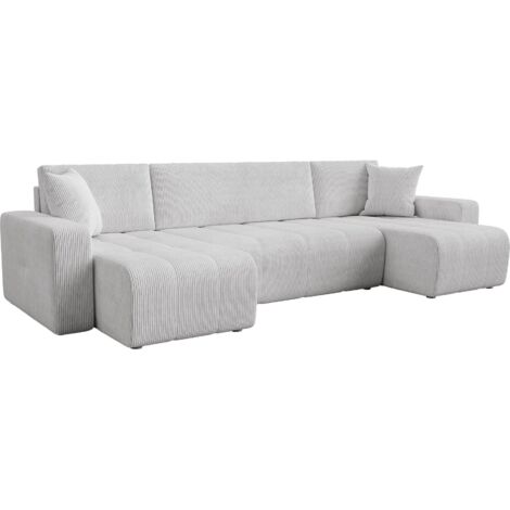 Mobilier Deco – Canapé panoramique convertible 5 places avec coffre – Velours côtelé gris clair – Espace de couchage intégré pour invités