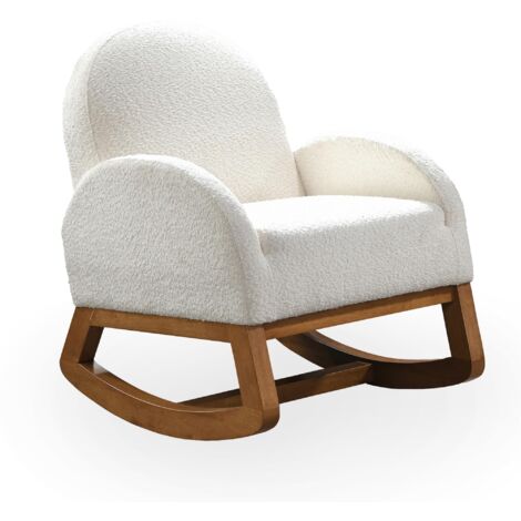 Mobilier Deco – Fauteuil à bascule effet peau de mouton blanc – Dossier enveloppant – Assise rembourrée – Pieds en bois massif (1/4)