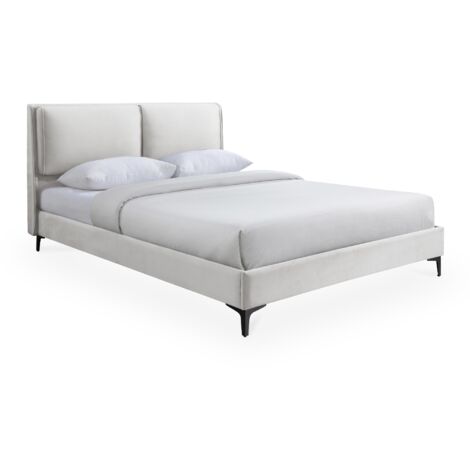 Mobilier Deco – Lit double en velours écru 140x190 cm – Structure robuste – Style contemporain – Pour matelas 140x190 cm (1/4)