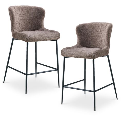 AZEL - Lot de 2 tabourets tissu bouclette taupe piètement métal noir (1/5)