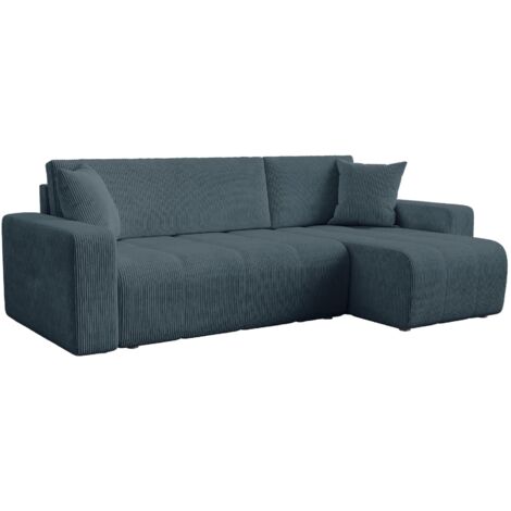 ALICIA MINI - Canapé d'angle convertible et réversible avec coffre en velours côtelé bleu (1/5)