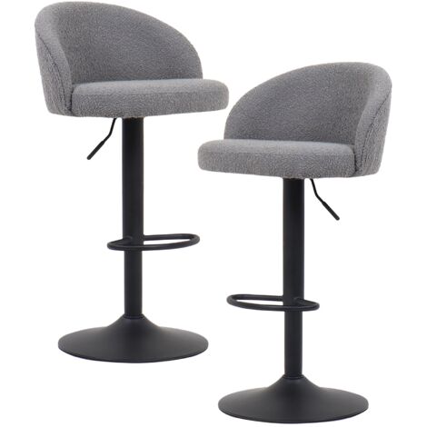 ARIA - Lot de 2 tabourets en tissu bouclette gris clair piètement métal noir (1/5)