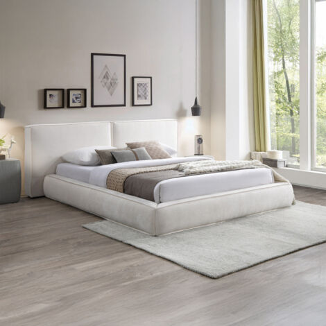 Mobilier Deco – Lit double en velours blanc écru 140x190 cm – Tiroirs intégrés – Design minimaliste et contemporain – Tête de lit rembourrée (1/3)