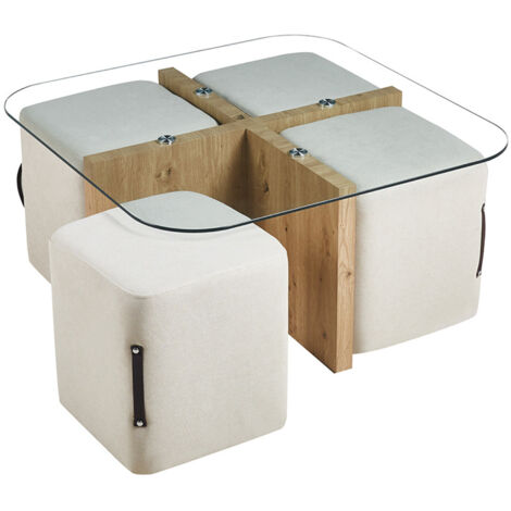 Mobilier Deco – Table basse fixe en verre avec socle bois – 4 poufs en tissu écru – Design contemporain pour salon – Gain de place optimal (1/5)