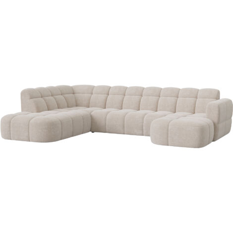 Mobilier Deco – Canapé panoramique 5 places en tissu beige – Angle droit – Assise profonde et moelleuse – Style contemporain (1/4)