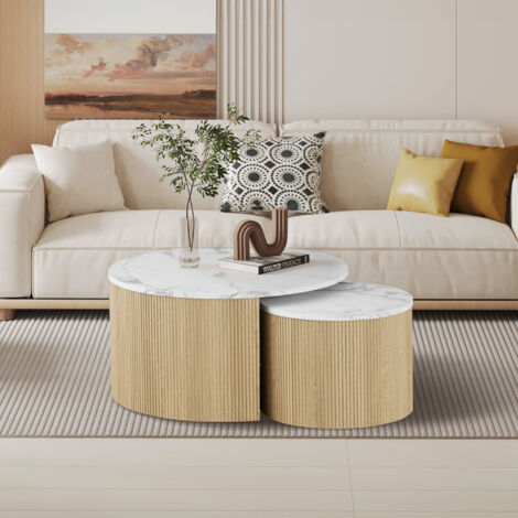 Lot De 2 Tables Basses Rondes Gigognes En Bois Et Métal Noir - Design Moderne Pour Salon Et Balcon