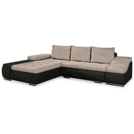 Mobilier Deco – Canapé d’angle convertible avec coffre de rangement – Tissu beige et simili noir – Méridienne gauche – Pour petit salon