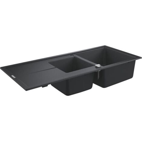 Évier composite 1,5 bac réversible noir granite 116 x 50 cm – Vidage automatique – Montage rapide GROHE QuickFix – Siphon inclus