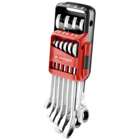 FACOM Jeu De 10 Clés Mixtes À Fourche À Cliquet 8 - 19 mm Sur Étui Portatif - 467BR.JP10PB