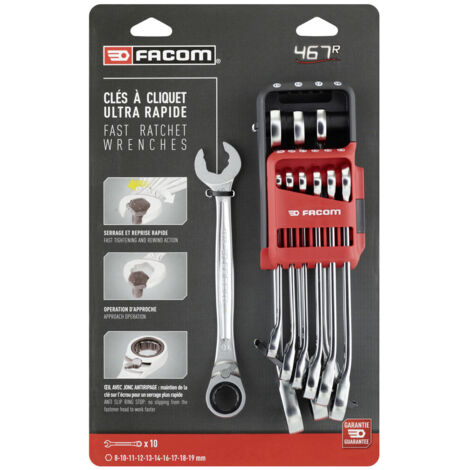 FACOM Jeu De 10 Clés Mixtes À Fourche À Cliquet 8 - 19 mm Sur Étui Portatif - 467BR.JP10PB