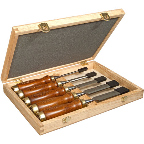 Stanley – Coffret de 5 ciseaux à bois 6-10-15-20-25 mm – Manche en bois vernis – Lame en acier chromé – 216217