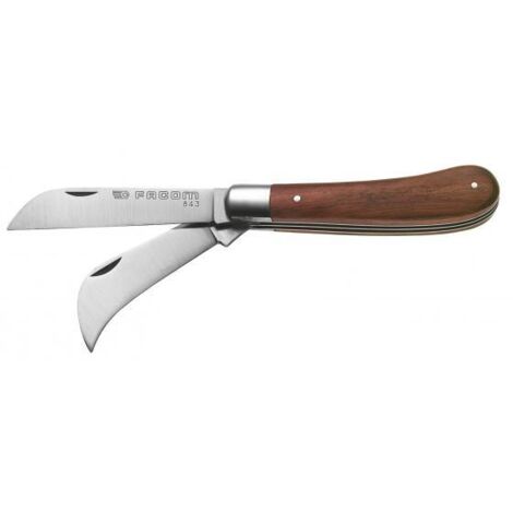 Facom – Couteau d'électricien à 2 lames en acier inoxydable – Lame serpette 65mm et droite 80mm – Manche en bois pour coupes précises