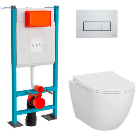 VitrA Pack WC Mia suspendu cuvette carénée fixations invisibles + bati support autoportant + plaque chromée (1/5)