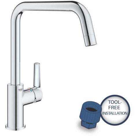 Grohe – Mitigeur de cuisine monocommande bec haut – Hauteur sous bec 220 mm – Finition chromée résistante aux rayures – Montage rapide monotrou