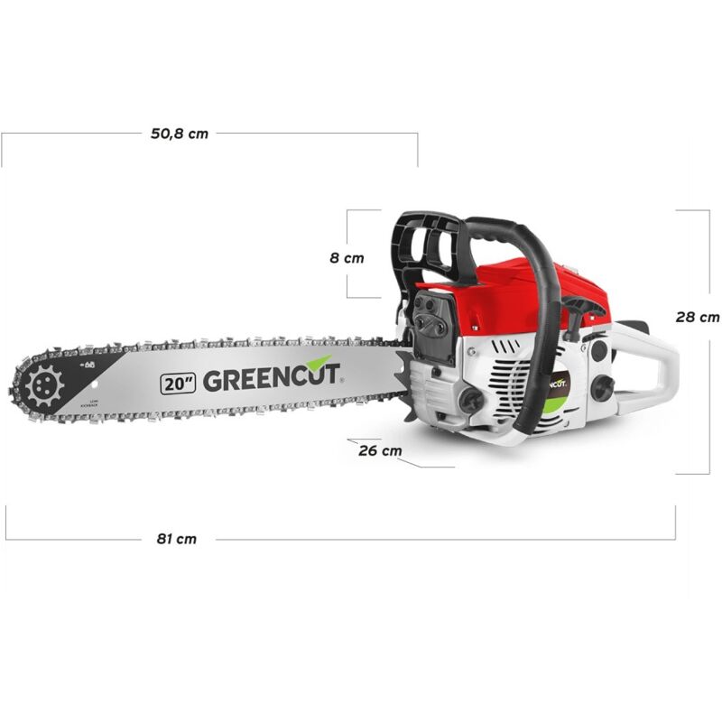 Motosierra de gasolina 61.2cc 3.6cv, motor 2 tiempos, espada 20”, longitud  corte 50.8cm, para tala y poda, con 2 cadenas y antivibración – Greencut  GS610X