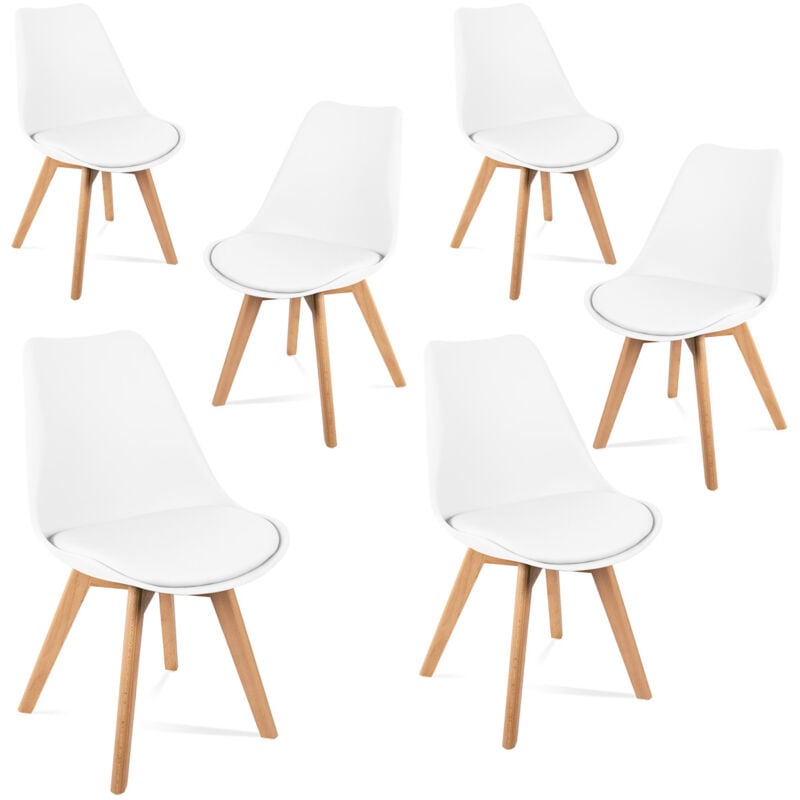 Pack 6 Sillas de comedor blancas cocina salon o terraza diseño nordico tulip respaldo ergonomico y asiento acolchado con cojin estilo escandinavo color unidades mc haus lena x6