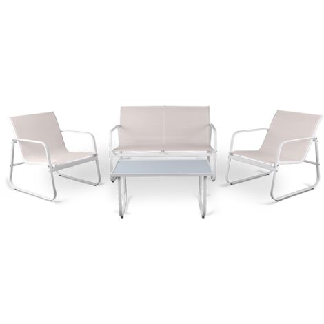 Conjunto de jardín 4 plazas CAPRI SAND, mesa de centro exterior + sofá 2 plazas + 2 sillones, color blanco, resistente a los rayos UV