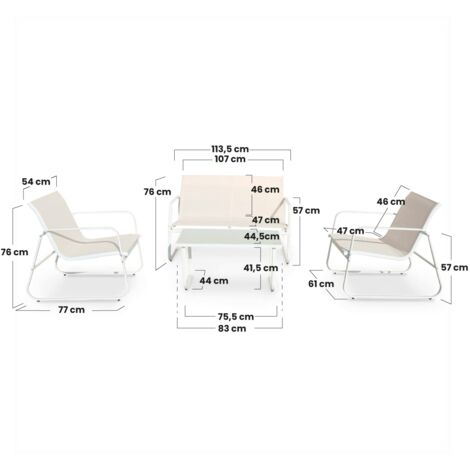 Conjunto de jardín 4 plazas CAPRI SAND, mesa de centro exterior + sofá 2 plazas + 2 sillones, color blanco, resistente a los rayos UV