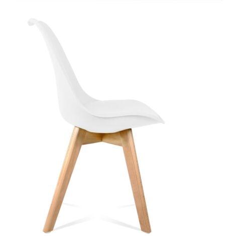 Sillas de comedor blancas, diseño nordico, sillas tulip para salon, oficina, sala de estar, despacho o terraza, respaldo ergonomico, asiento acolchado y patas de madera, blanco, pack de 4 sillas
