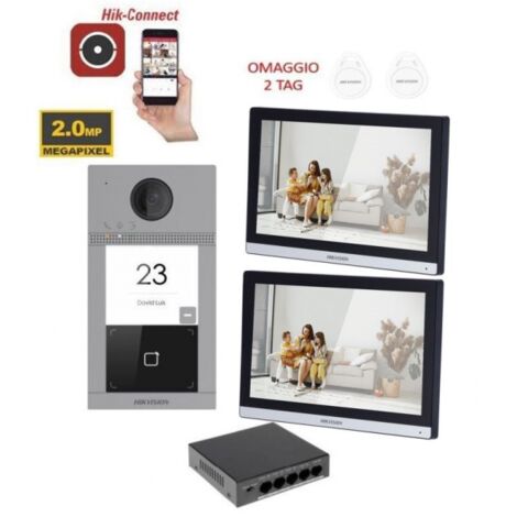 KIT VIDEOCITOFONO VILLA HIKVISION 2 MONITOR 7 POLLICI APP TELECAMERA 2MPX