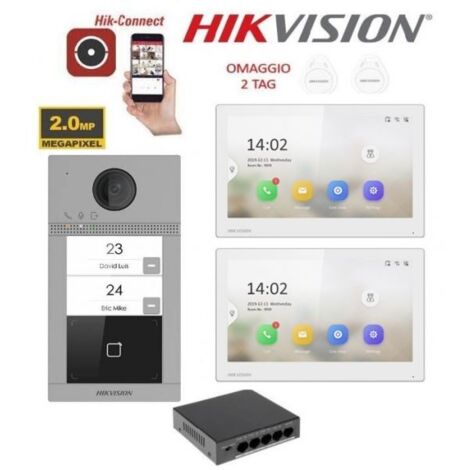 KIT Videocitofono bifamiliare IP Poe Hikvision 2 monitor 7" bianco WIFI smart telecamera 2 mpx