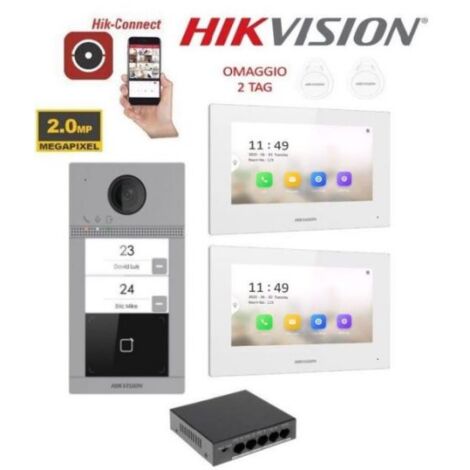 KIT Videocitofono bifamiliare IP Poe Hikvision 2 monitor 7" bianco WIFI smart telecamera 2 mpx