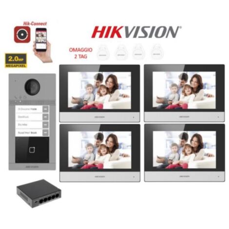 KIT Videocitofono quadrifamiliare IP Poe Hikvision 4 monitor 7 WIFI smart telecamera 2 mpx