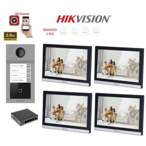 KIT Videocitofono quadrifamiliare IP Poe Hikvision 2 monitor 7 WIFI smart telecamera 2 mpx