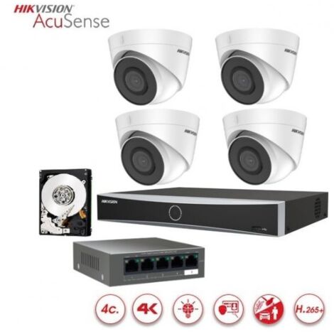 KIT Videosorveglianza IP Hikvision Acusense Nvr 4 canali 4K 4 telecamere dome 2 mpx ir 30mt hdd 1 TB