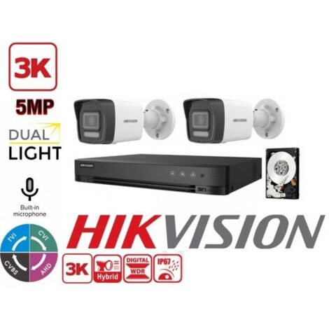 KIT VIDEOSORVEGLIANZA HIKVISION 4 CANALI 5 MPX 2 TELECAMERE BULLET 5MPX 3K HYBRID LIGHT HDD 500GB