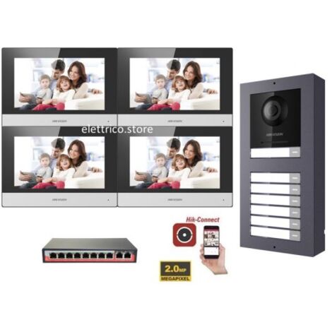 KIT Videocitofono IP Poe Hikvision 4 appartamenti Monitor 7 pollici WIFI smart telecamera 2 mpx