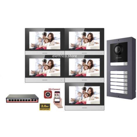 KIT Videocitofono IP Poe Hikvision 5 appartamenti Monitor 7 pollici WIFI smart telecamera 2 mpx