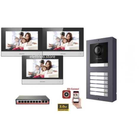 KIT Videocitofono IP Poe Hikvision 3 appartamenti Monitor 7 pollici WIFI smart telecamera 2 mpx