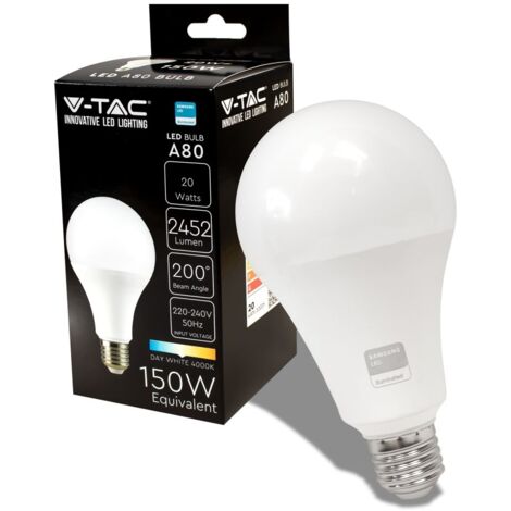 V-Tac – Lampadina led E27 20W chip Samsung SMD 2452LM 4000K 200° A80 – Alta luminosità 122LM/W – SKU 21238 (1/10)