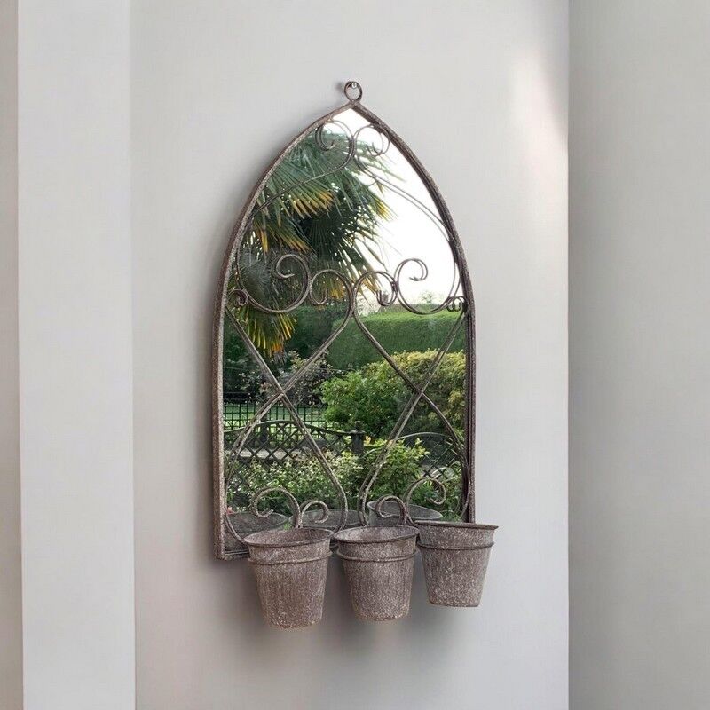 73cm Rusty Wall Mirror With Triple Planter Metal L15 x W45 x H75 cm