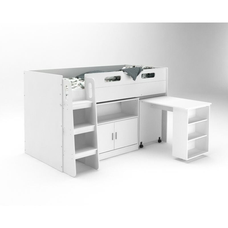 Kudl - Storage Mid Sleeper 01 Children's Bed with Desk and Cupboard - MFC/Wood - L98.6 x W195 x H120 cm - White