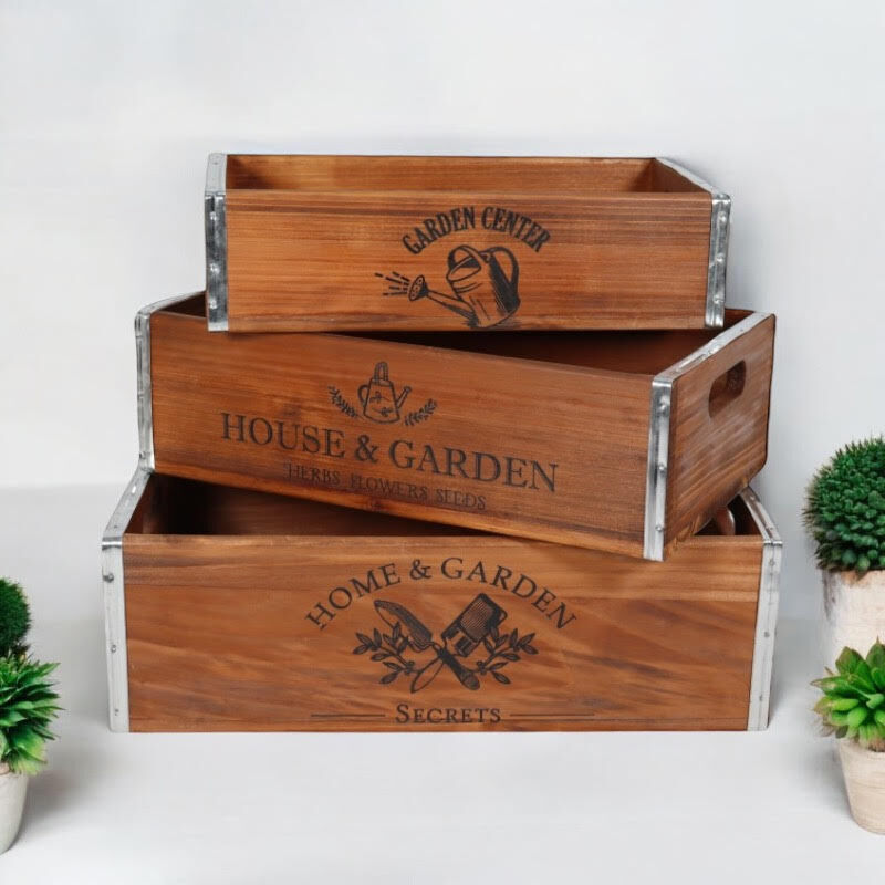 Rustic Vintage Garden Display Planters (Set of 3) - Wood