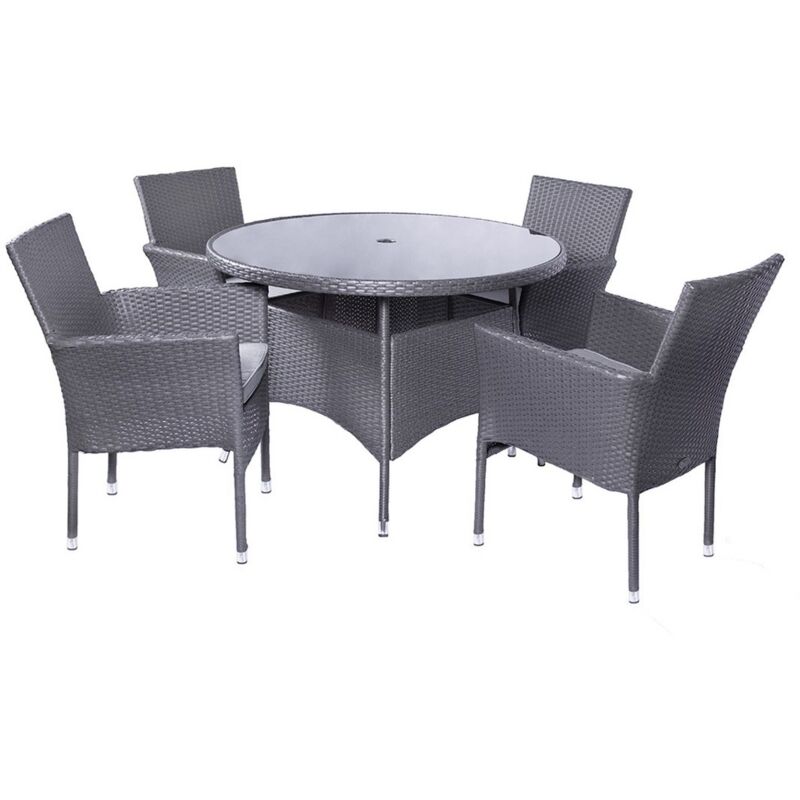 Malaga 4 Seater Stacking Dining Set with Cushion - Synthetic Rattan - H73 x W110 x L110 cm - Slate Grey