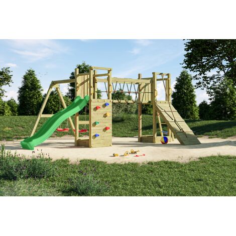Maxi Fun with Green Slide - Pressure Treated Wood- Outdoor Play Set - L396 x W285 x H272 cm