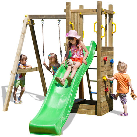 Funny 3 Rumble Ridge Rock Wall with Single Swing & Green Slide - Outdoor Play Set - Pressure Treated Wood - L370.3 x W303 x H272.3 cm