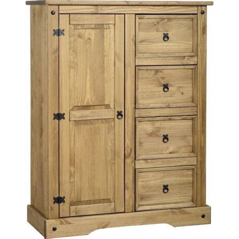 Corona 1 Door 4 Drawer Low Wardrobe - L46 x W110 x H145 cm - Distressed Waxed Pine (1/4)