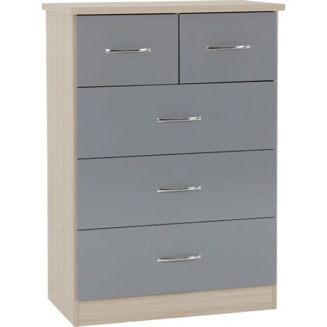 Nevada 3+2 Drawer Chest - L46 x W81 x H115.5 cm - Grey Gloss/Light Oak Effect Veneer (1/5)