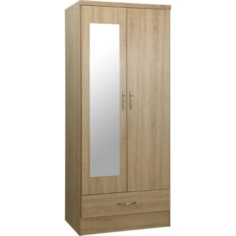 Nevada mirrored wardrobe 2 doors 1 drawer – Sonoma oak effect – L52 x W78 x H182.5 cm – Composite board with mirrored glass – Seconique (1/4)