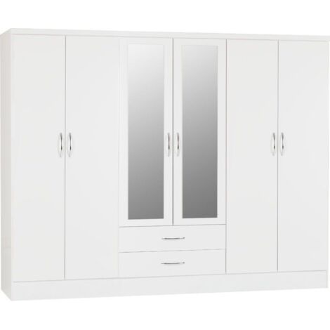 Nevada 6 Door 2 Drawer Mirrored Wardrobe - L52 x W230 x H182.5 cm - White Gloss