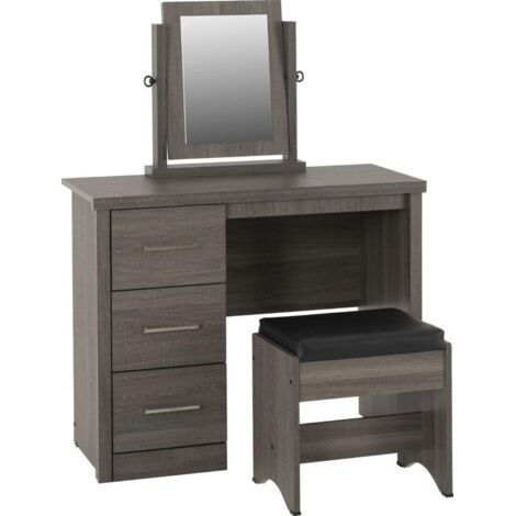 Lisbon 3 Piece Dressing Table Set with Mirror - Black Wood Grain/Black Faux Leather (1/5)