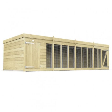 16 x 6 Feet Dog Kennel and Run - Wood - L185 x W474 x H127 cm
