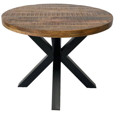 Industrial Round X Leg Dining Table - Mango Wood/Iron - L150 x W150 x H76 cm - Mango PP Saw Finish