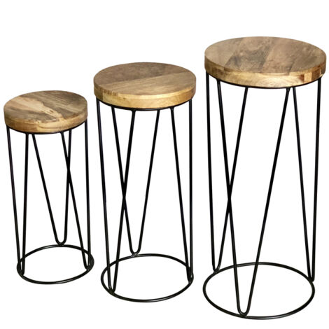 Ravi Iron Base Solid Wood Top Round Stool (Set of 3) - L30 x W30 x H69 cm - Mango Light Finish