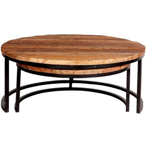 Round Railway Sleeper Set of 2 Coffee Tables - Metal - L90 x W90 x H40 cm (1/2)