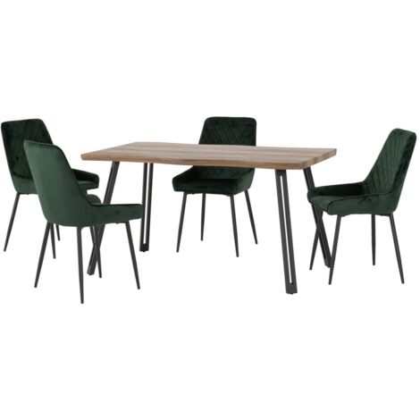 Quebec Wave Edge Dining Set with Avery Chairs - Medium Oak Effect/Black/Emerald Green Velvet (1/5)
